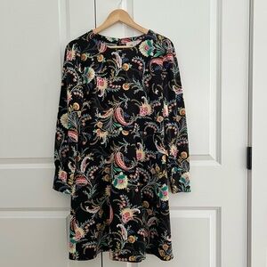 LOFT Black Floral Paisley Long-sleeve Fit And Flare Dress